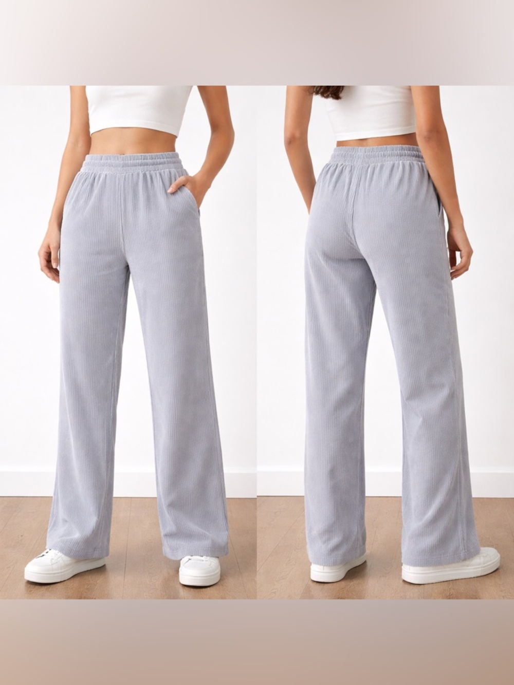 Halara Corduroy Wide Leg Pants Small Light Gray High Rise Stretch‎ Casual